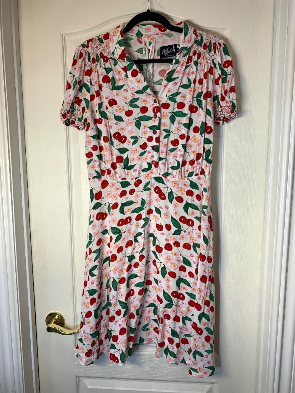 Hell Bunny Cherry Print Retro Dress White Rockabilly Pin Up Medium UK12 Feminine